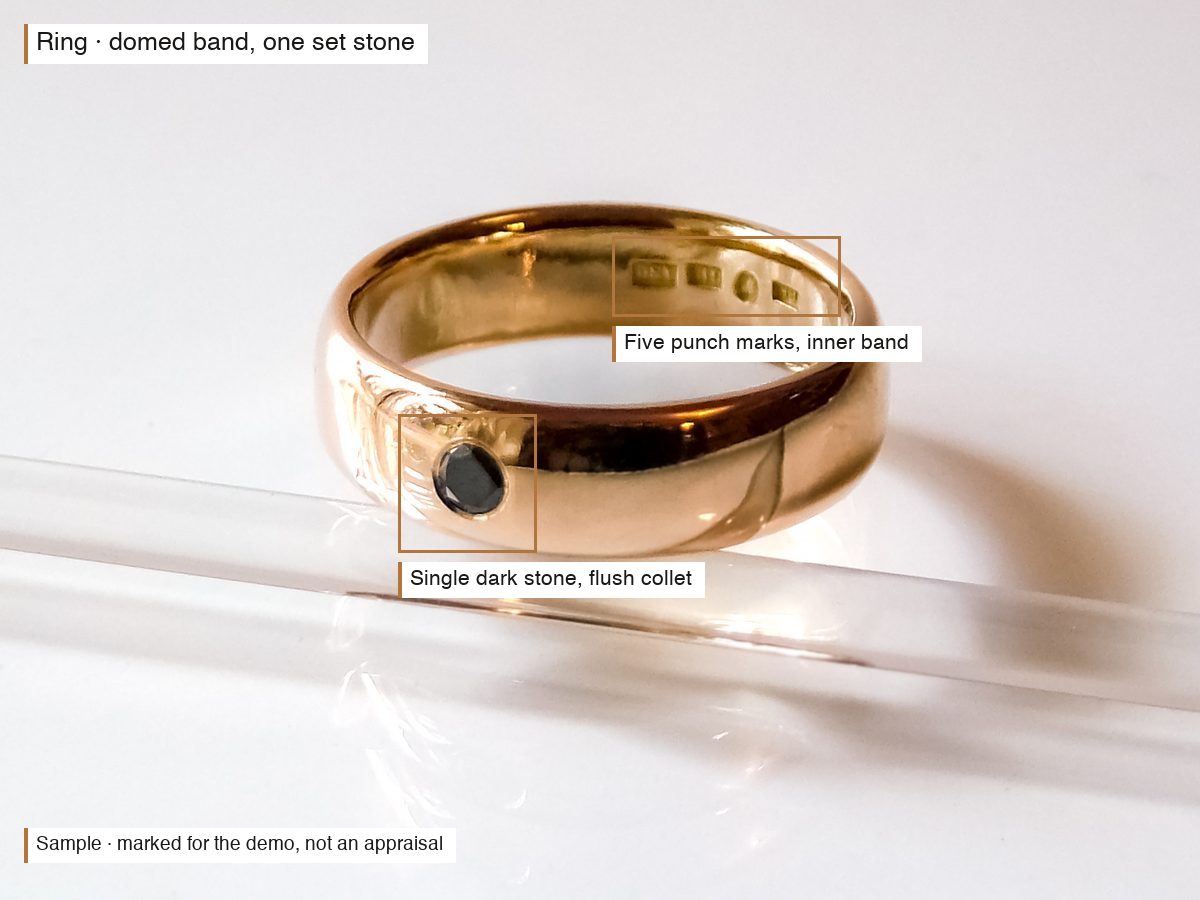 The same photo with the report's findings marked on it: the domed profile of the band, the rubover collet holding the dark stone off-centre, and the row of five punch marks on the inner band